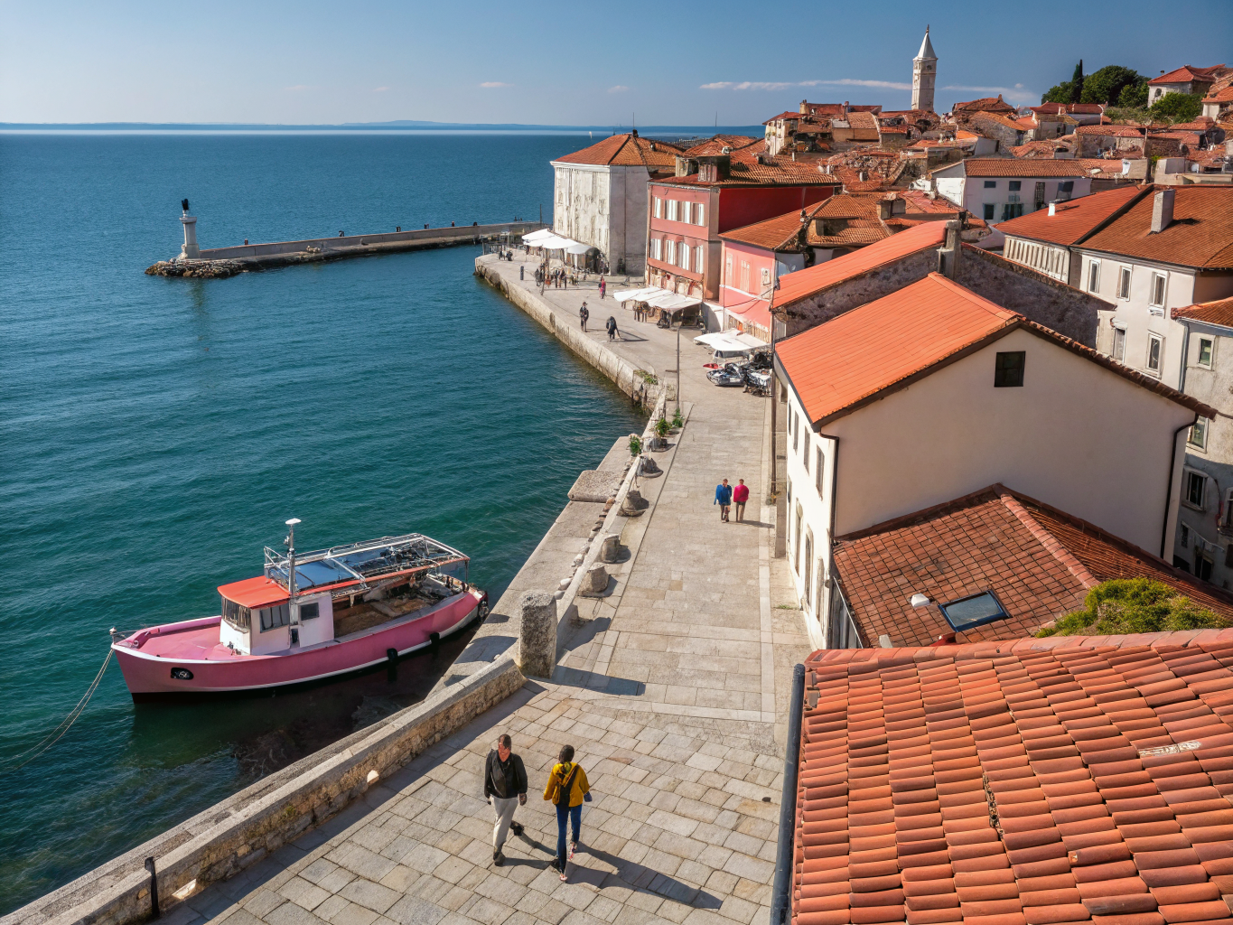 Red rooftops of Piran against the deep blue Adriatic Sea