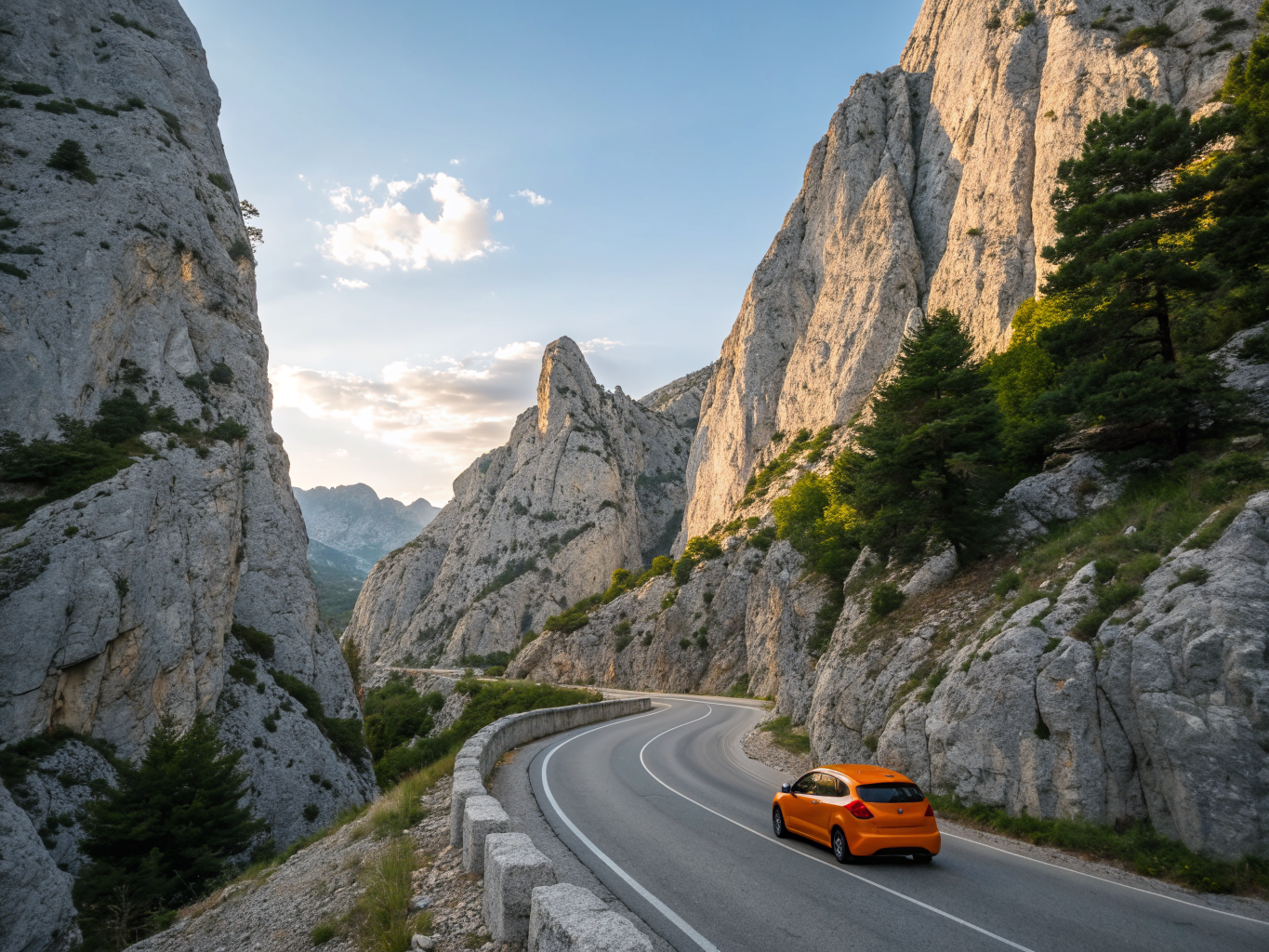 Winding road of Vršič Pass surrounded by limestone peaks