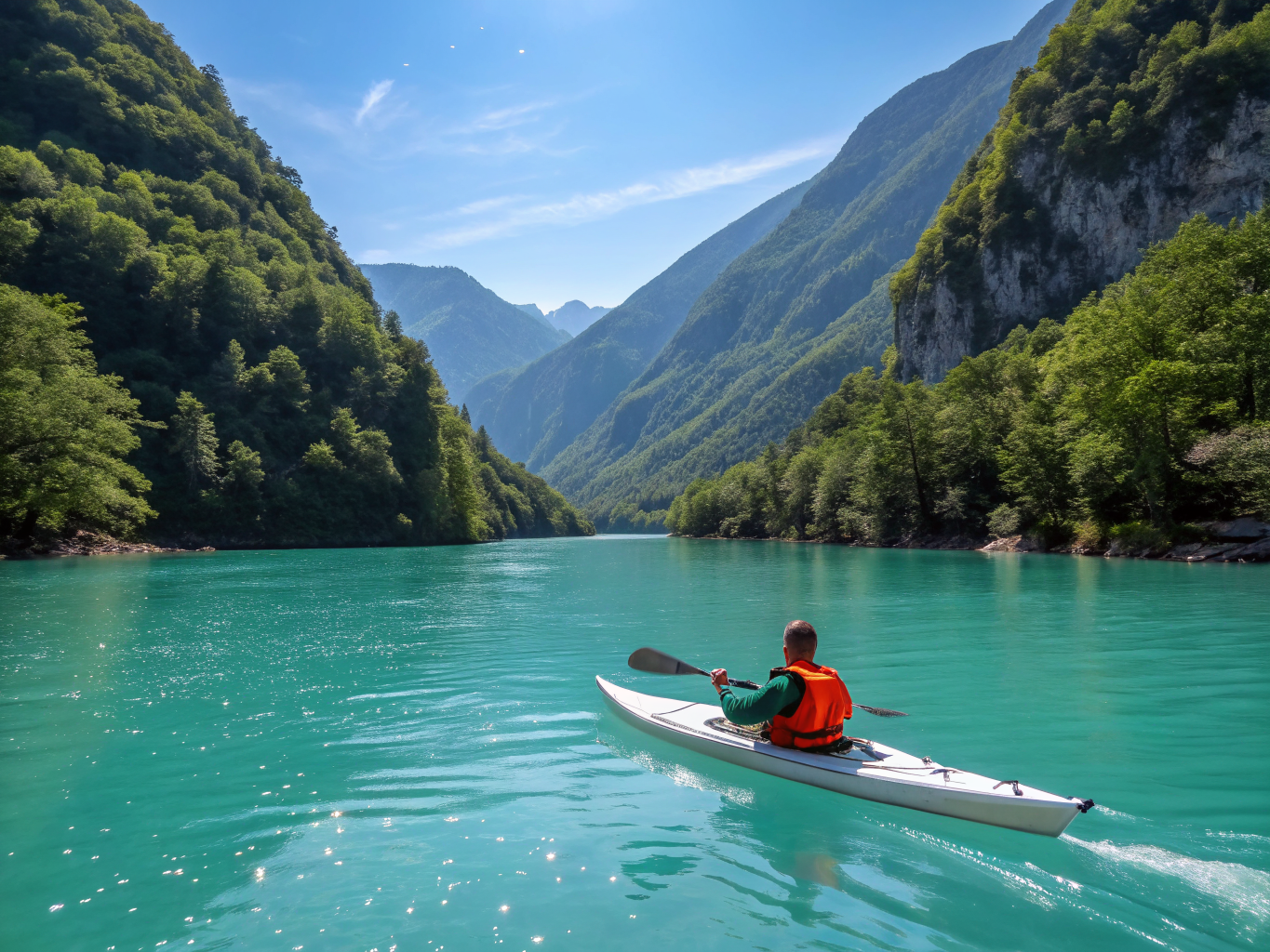 Kayaker navigating the turquoise waters of the Soča River
